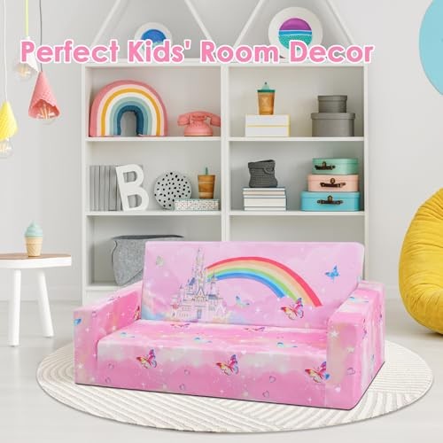 Foldable Kids Sofa Couch 2 in 1 Children Convertible Sofa to Princess Castle