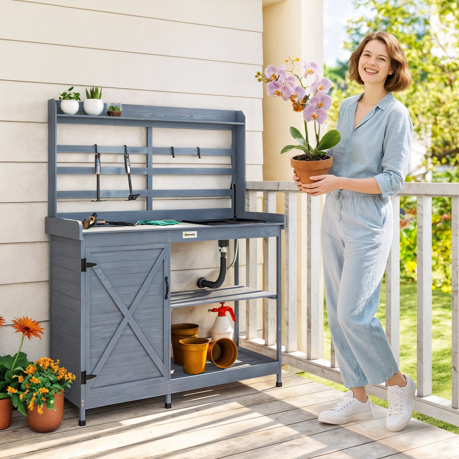 Outsunny Wooden Potting Bench with Storage, Sink, Water Tap, Gray