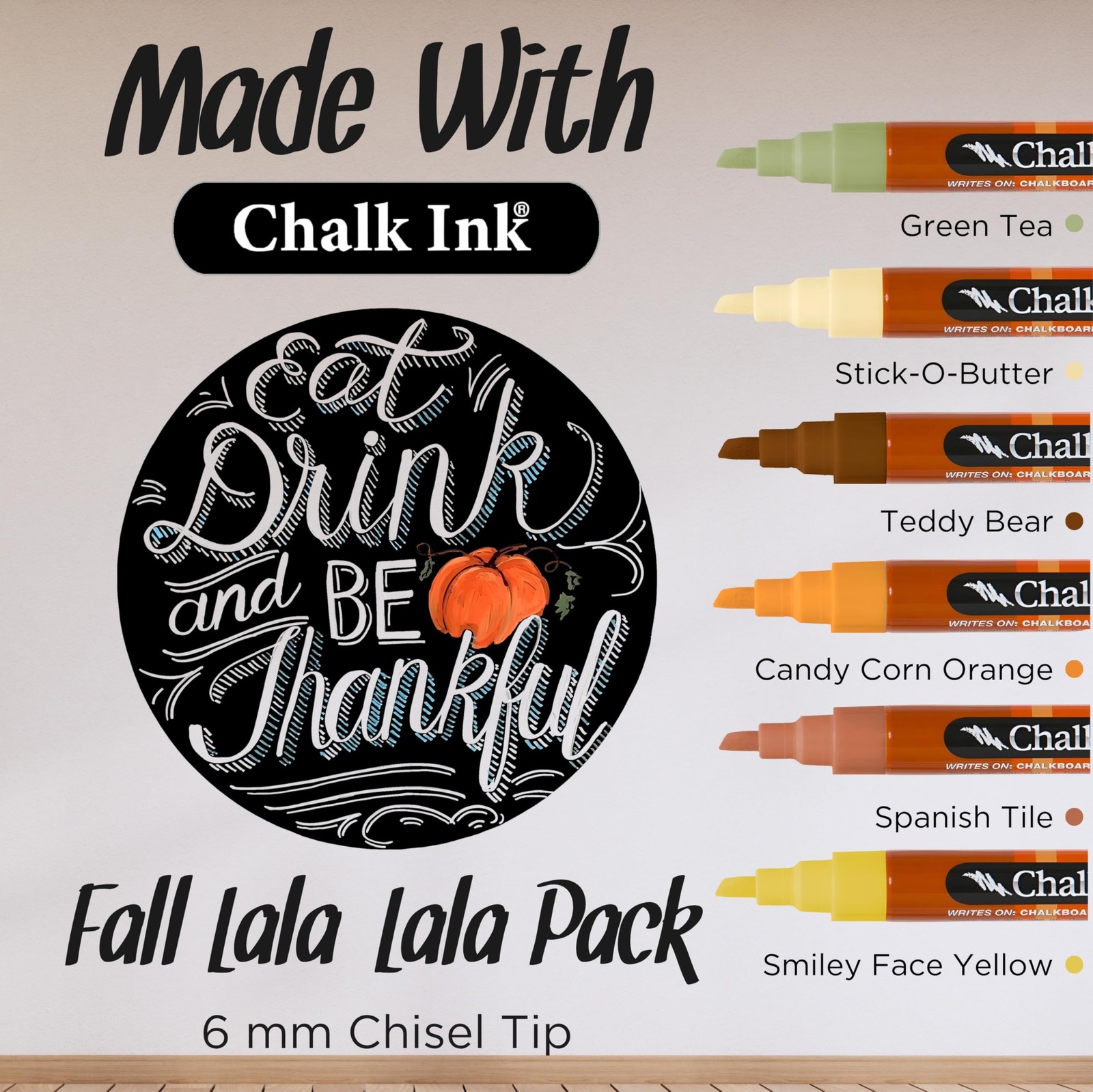 Chisel Tip Wet Wipe Chalk Markers 6mm, Fall-Lala-Lala, 6 Pack