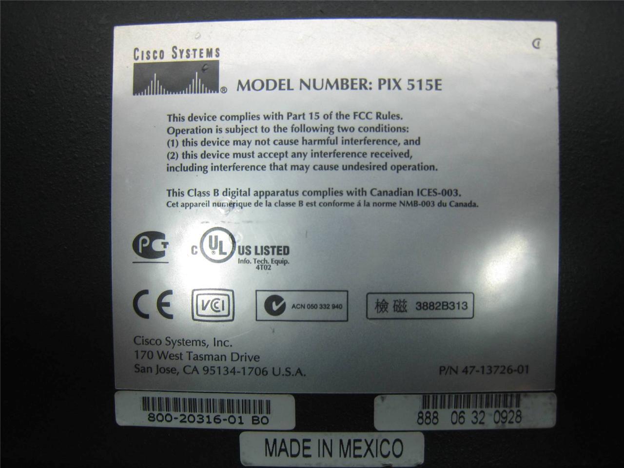 Cisco Systems VPN Firewall Security Appliance w/ Rack Ears PIX 515E