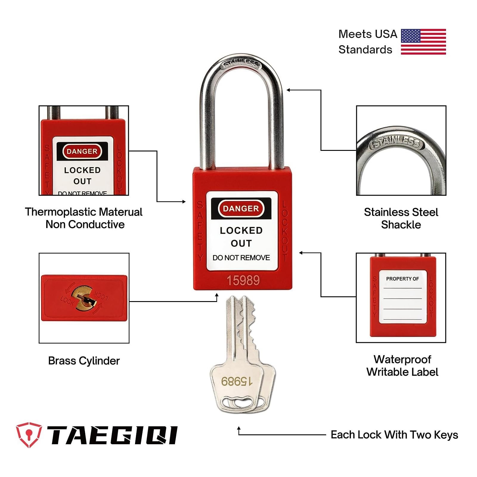 Lockout Tagout Locks with Brass Core, Keyed Different, 10 Red Safety Padlocks...