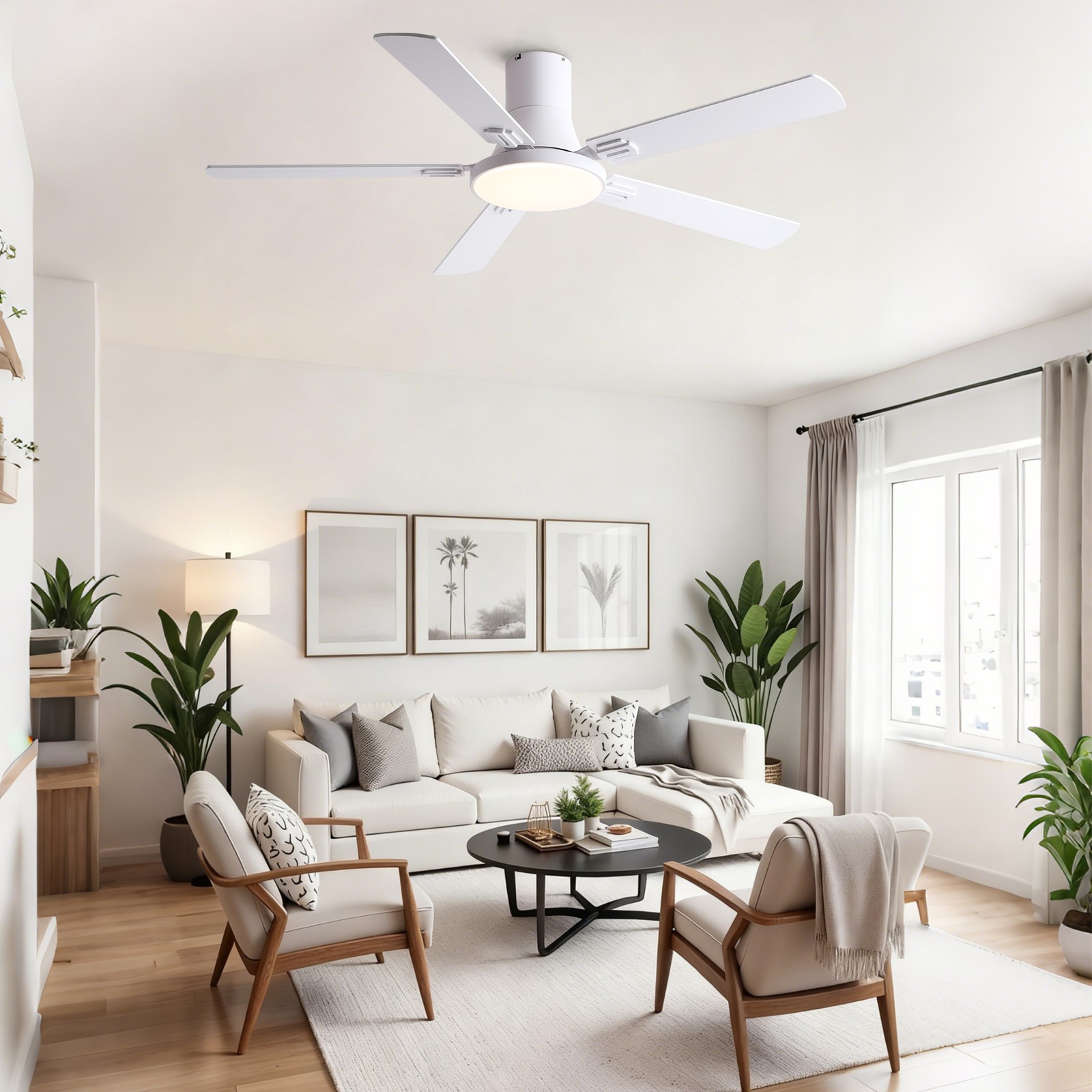 52" White Ceiling Fan with Light and Remote Control, 6-Speed DC Motor