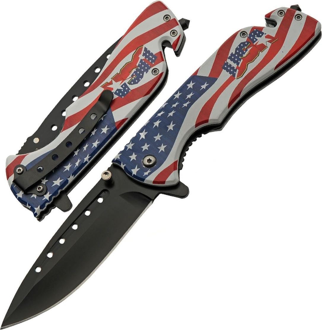Spring-Assist Pocket Folding Rescue Knife 4in Black Blade USA Flag Stars Stripes