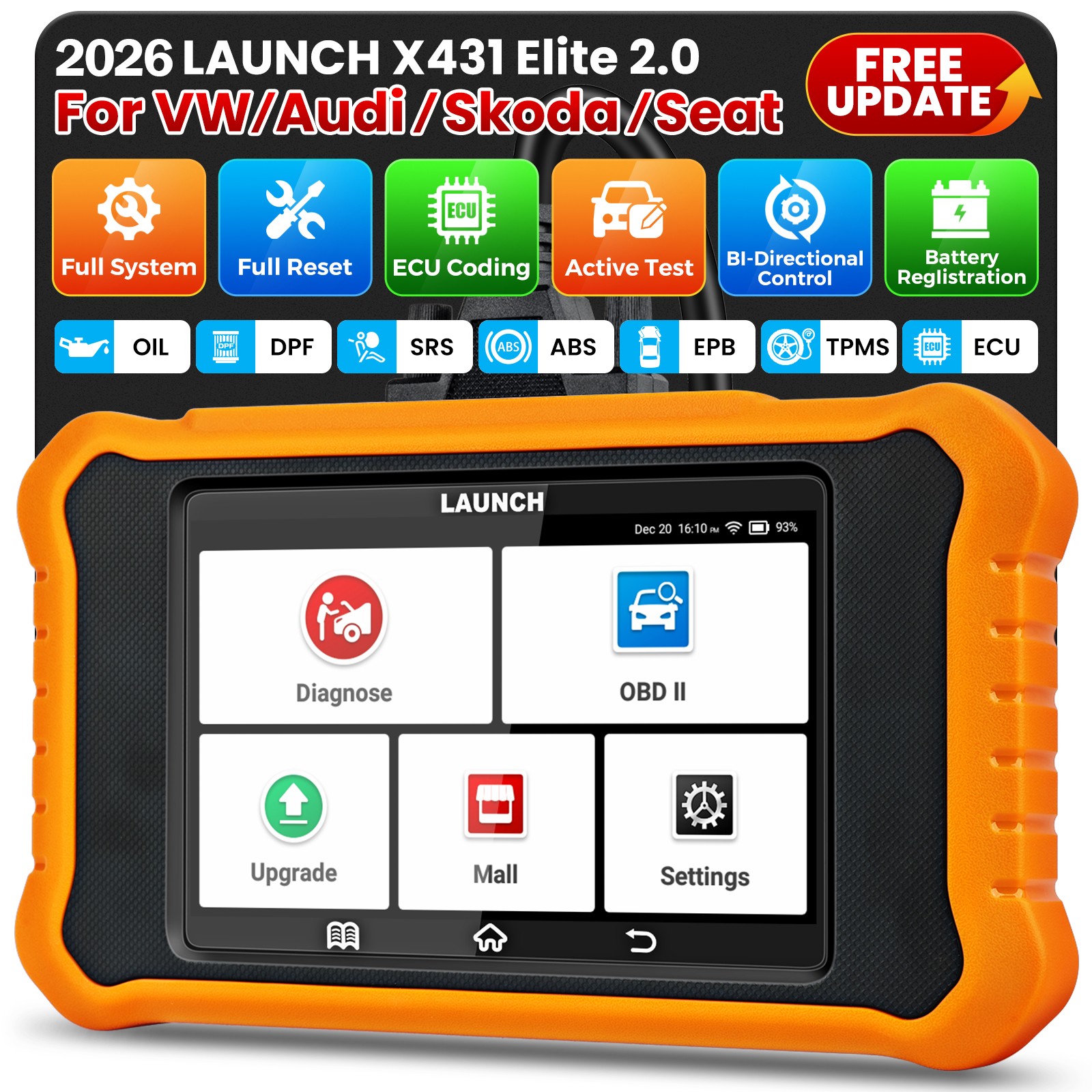 LAUNCH Creader Elite 2.0 for VW Audi Car OBD2 Scanner Diagnostic Key Programming