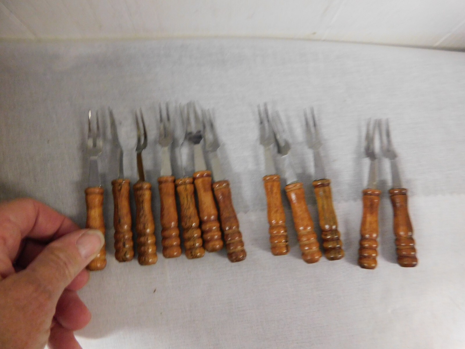 Vtg Wood Turned  Handles Stainless Steel Cocktail Forks Set of 12