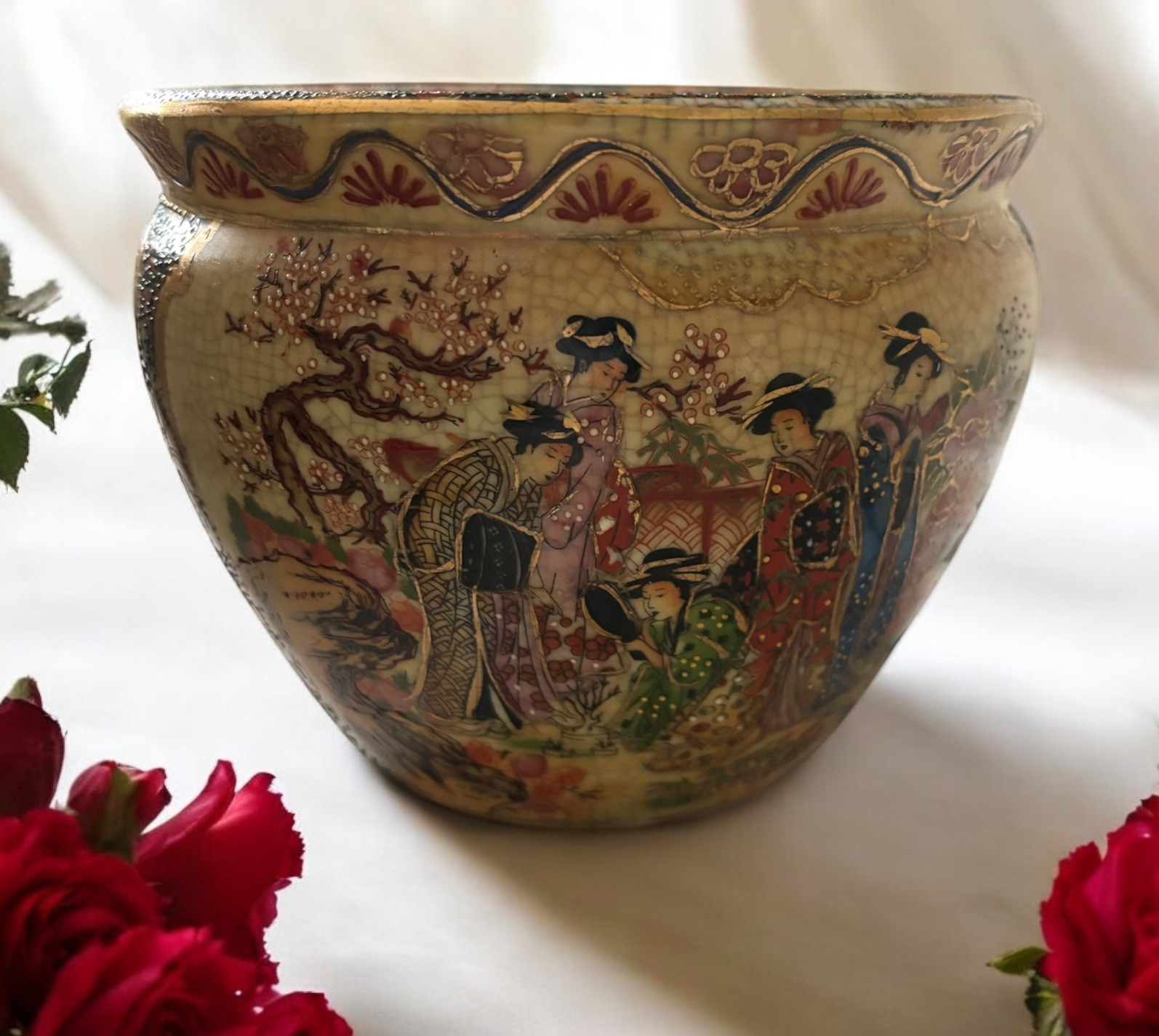 Satsuma Hand Painted Porcelain Planter Fish Bowl Geisha Girl Koi 5” X 6.5”