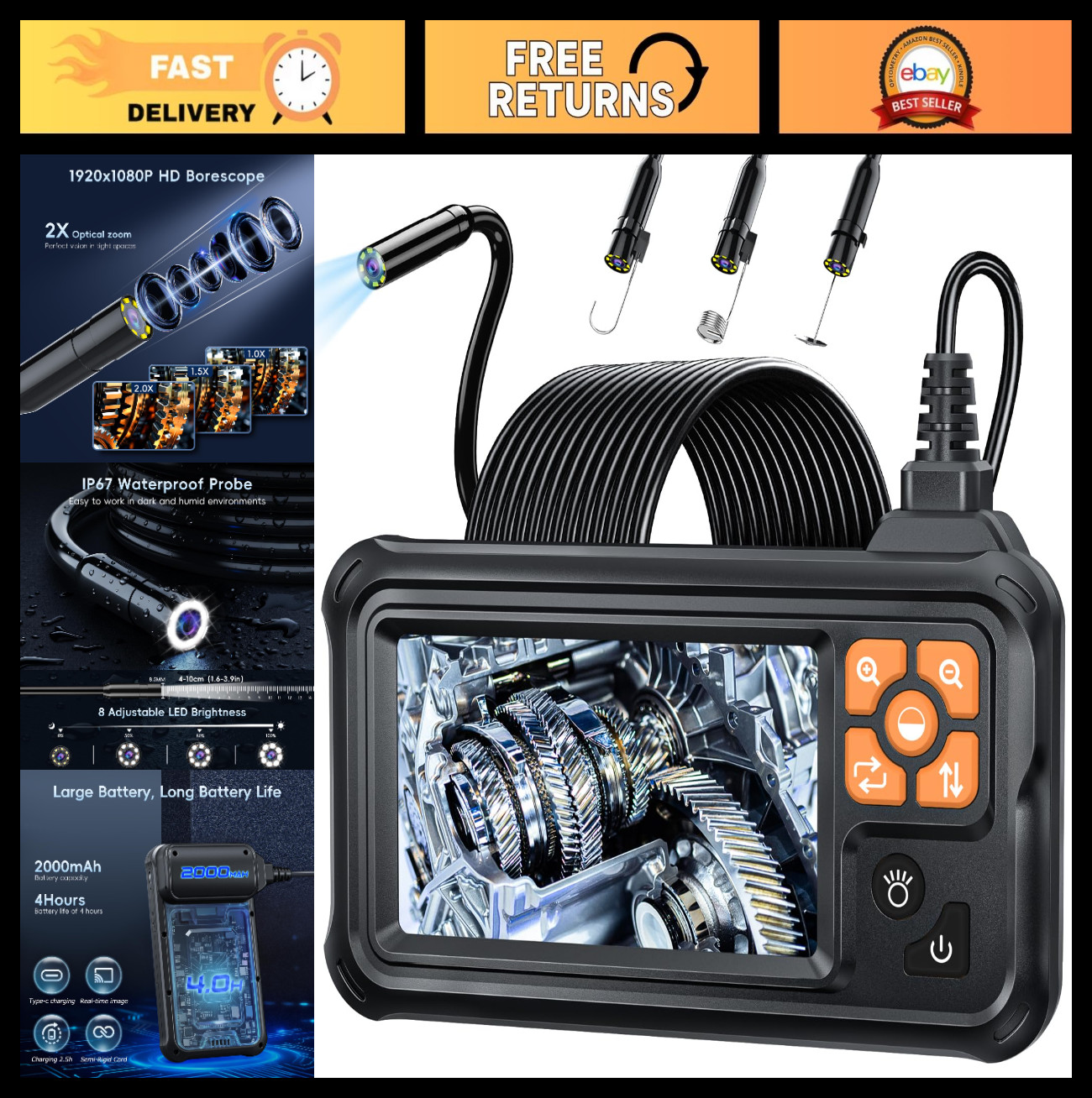 4.3'' HD Waterproof Endoscope Camera, 16.5FT Borescope with LED Lights, Snake In