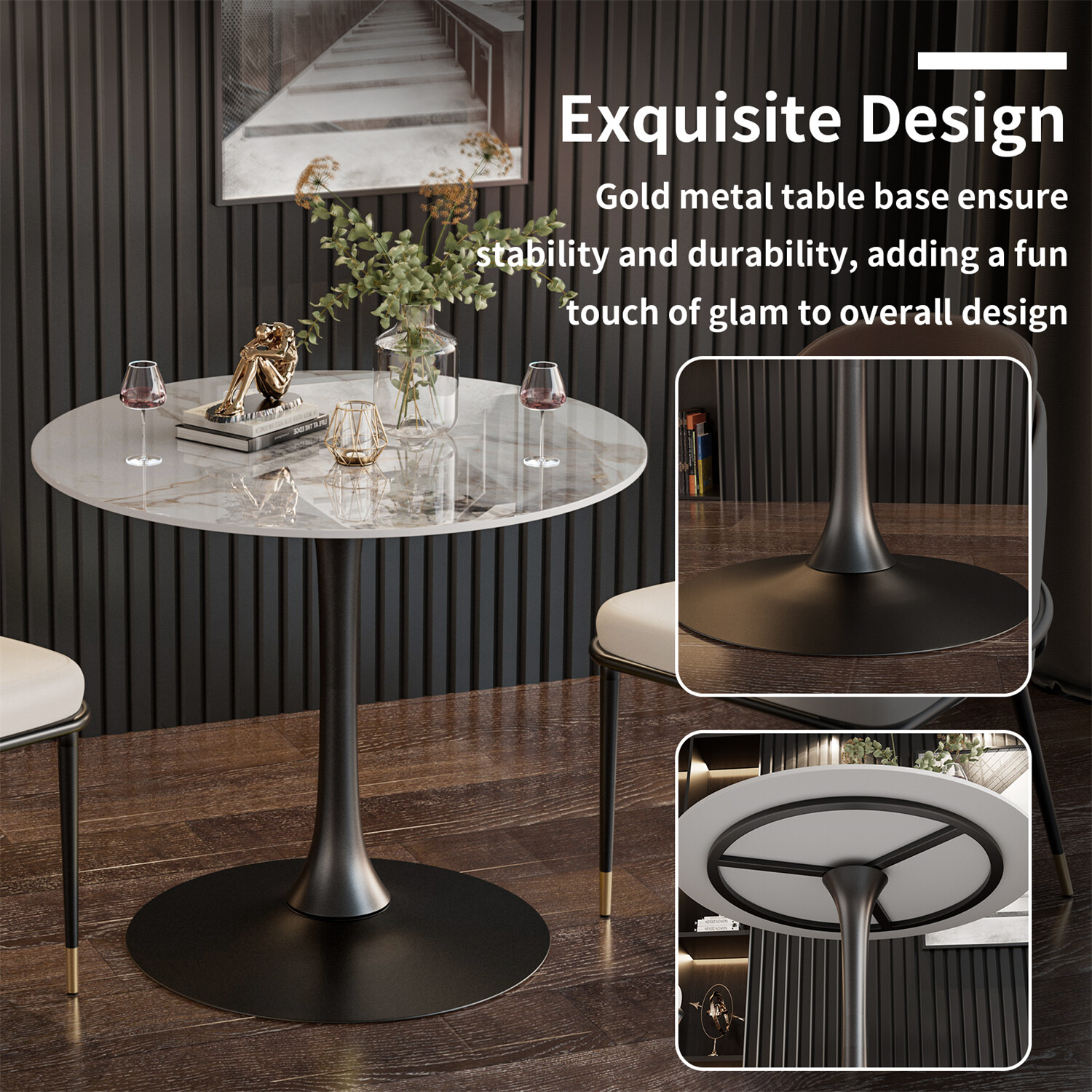 30” Diameter Round Kitchen Dining Table Bar Bistro Table Stone Top Metal Base