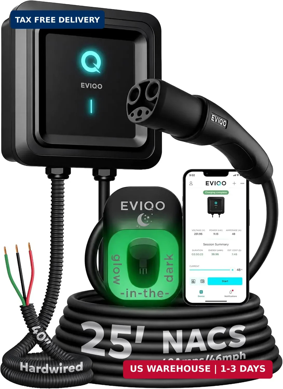 EVIQO NACS Charger for Tesla 48 Amp 240V Hardwired Level 2 EV Charger - Wall EV