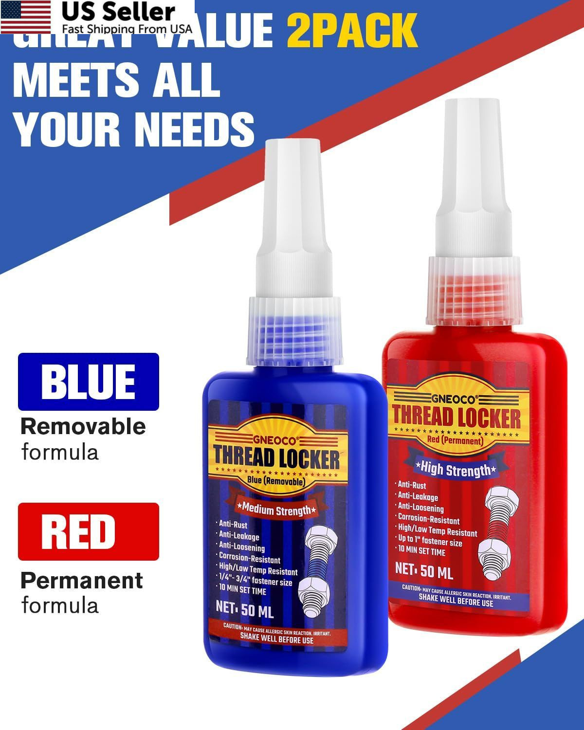 Thread Lock Blue and Red, Threadlocker Medium Strong Red