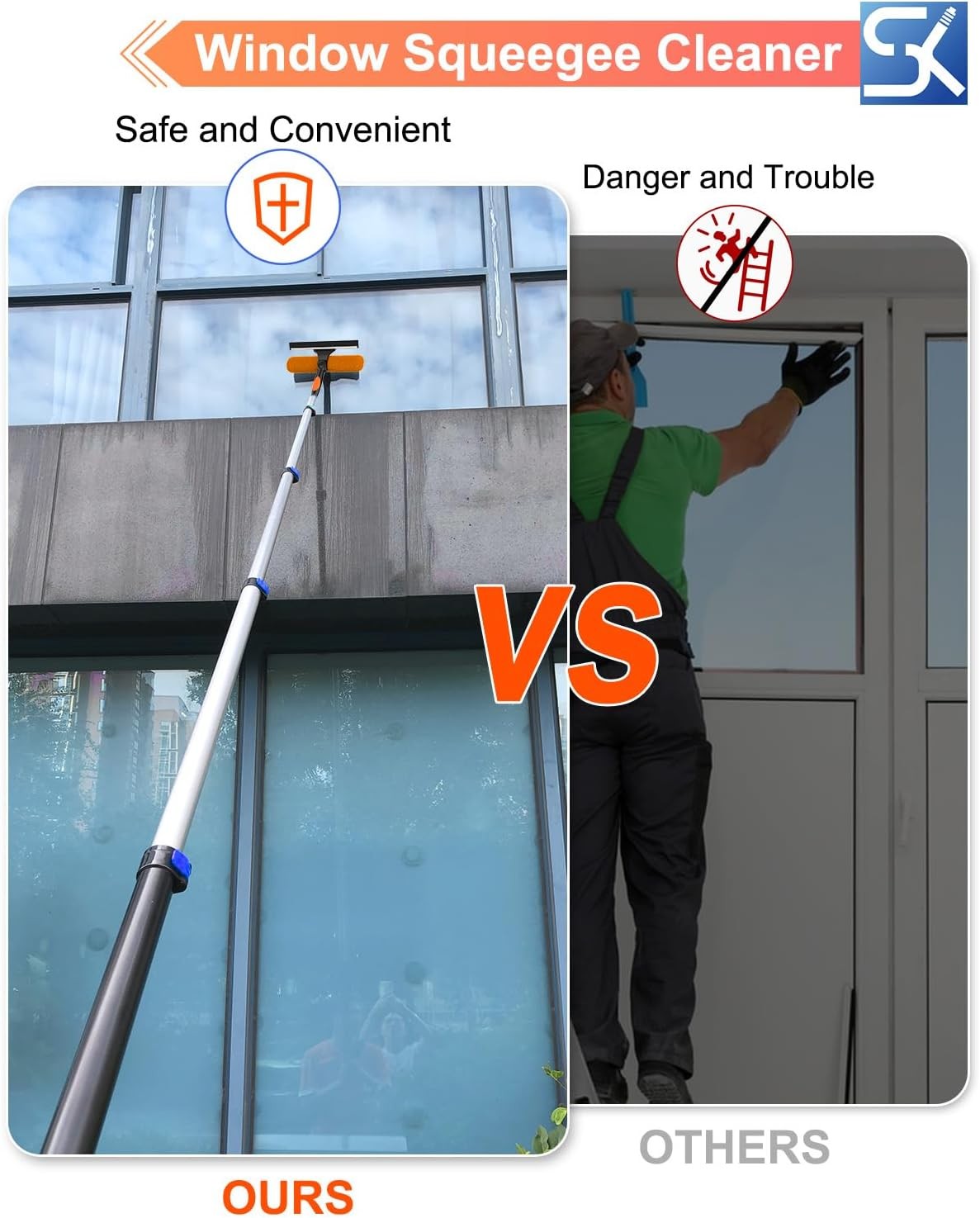 26FT Reach Window Squeegee Window Cleaning Kit W/ 5-19 Foot Telescoping