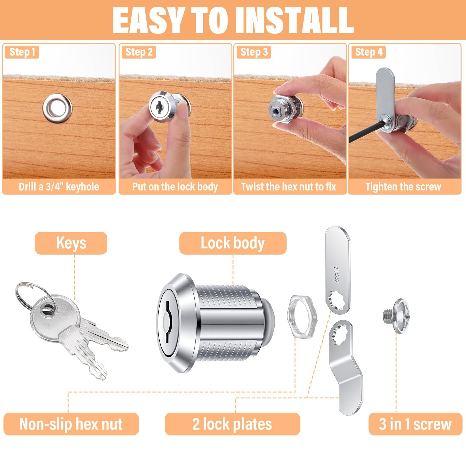 17 Pcs Cabinet Locks with Keys, 5/8 Inch Cam Locks Keyed Alike, Zinc Alloy Re...