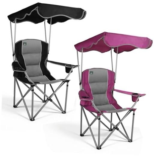 2 Pack Folding Camping Chairs with Canopy Shade, Beach Chair with Black&purple