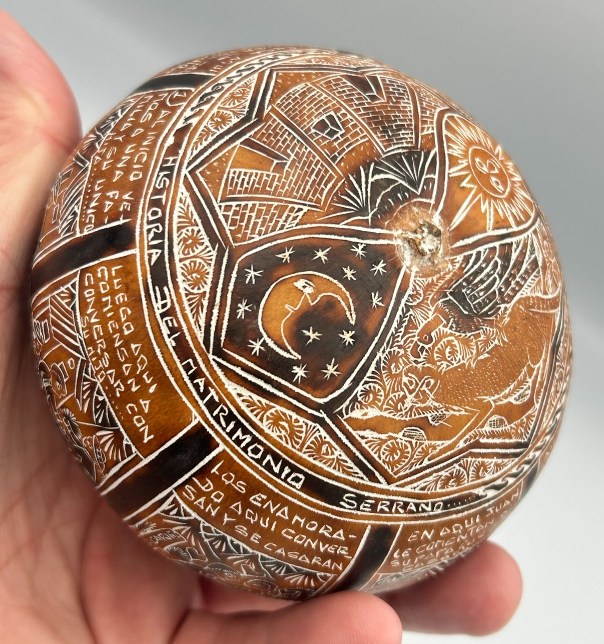 Vintage Peruvian Matrimony Folk Art Hand Carved Storytelling Gourd Rattle