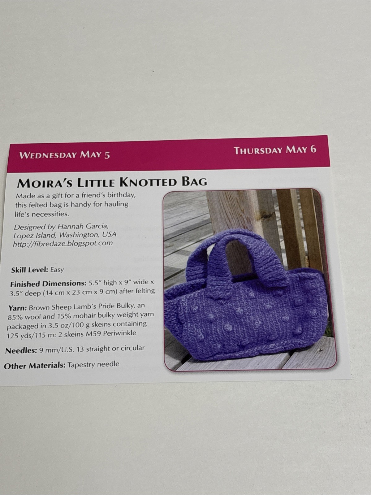 Moira's Little Knotted Bag Knitting Pattern Card Page