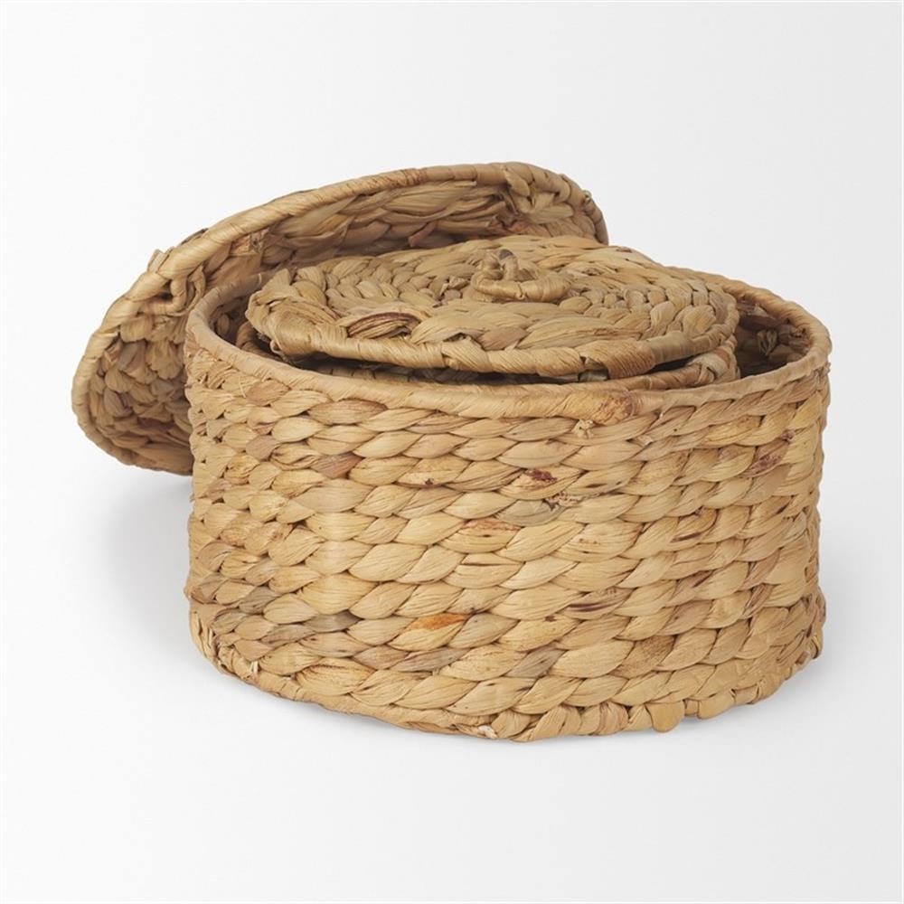 Pemberly Row Set of 3 Nesting Water Hyacinth Boxes With Lids in Brown