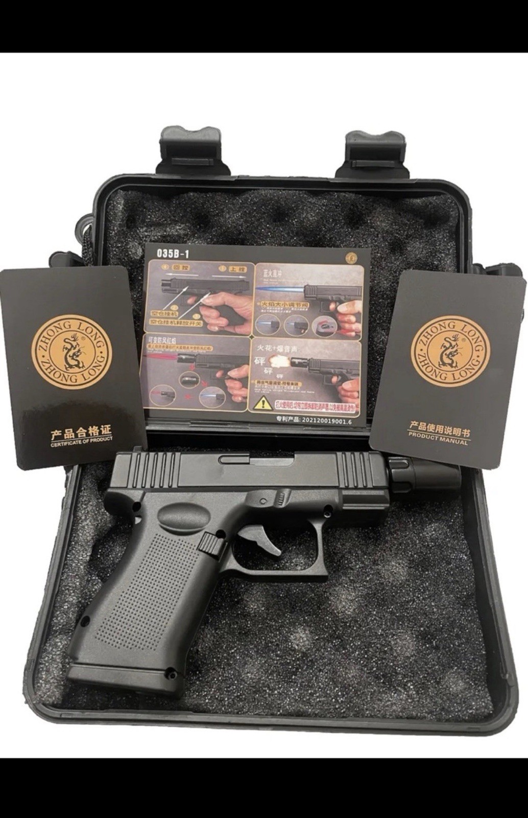 Gun Shaped Lighter METAL Fine Quality W/ Case & Barrel Attachment Black