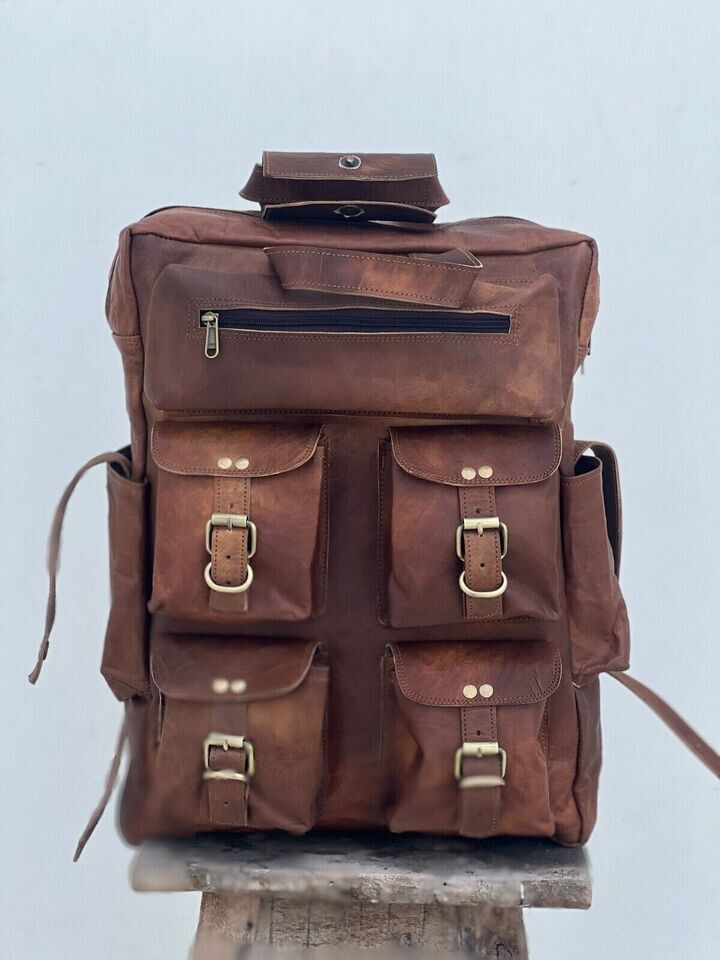 19" Men's Laptop Bag Big Real Vintage Leather Backpack Brown Travel Rucksack