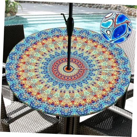 Round Outdoor Tablecloth with Umbrella Hole Waterproof Patio 44" (Round) Blue