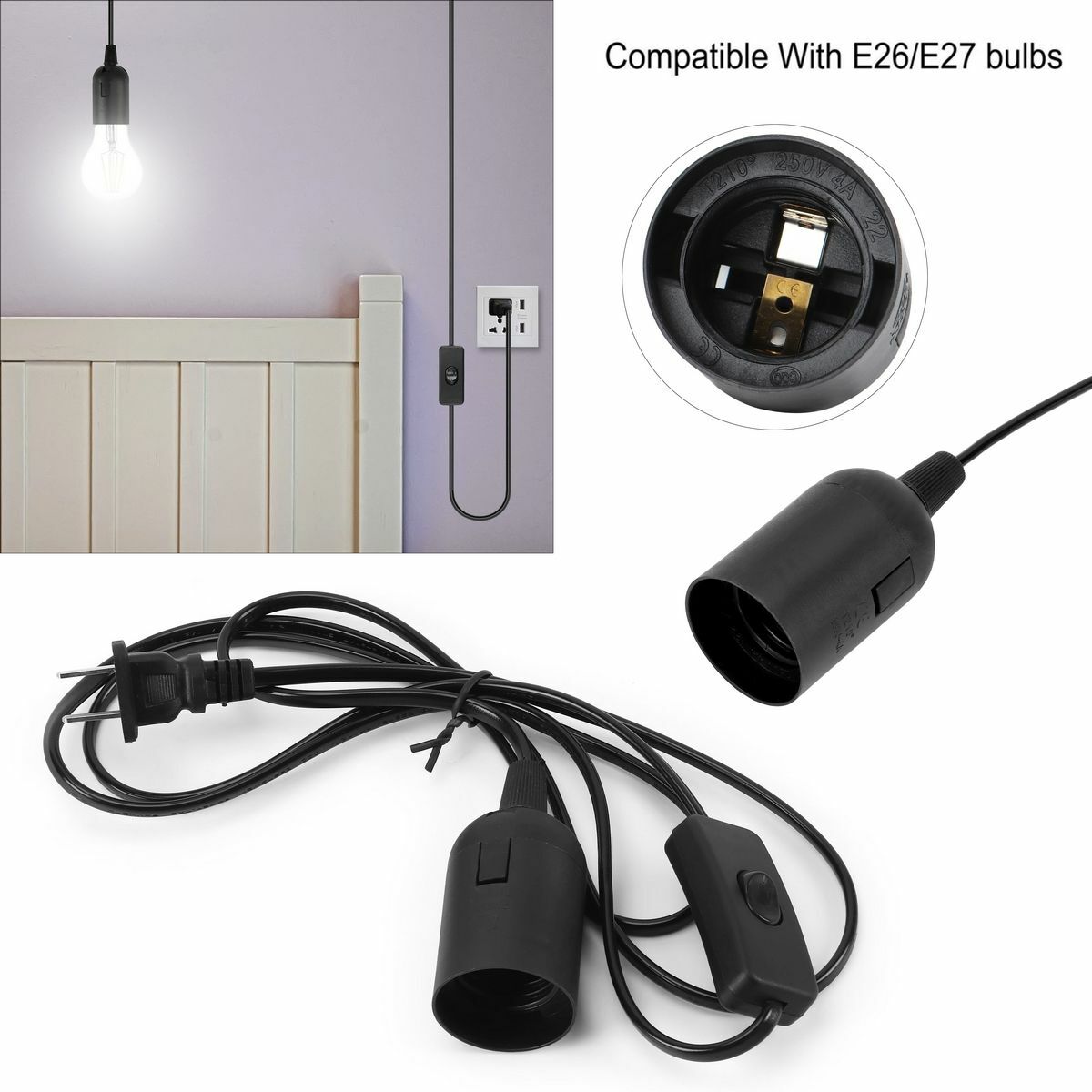 E26 E27 Light Bulb Socket to AC Wall Outlet Plug Adapter On/Off Switch 6 FT Cord