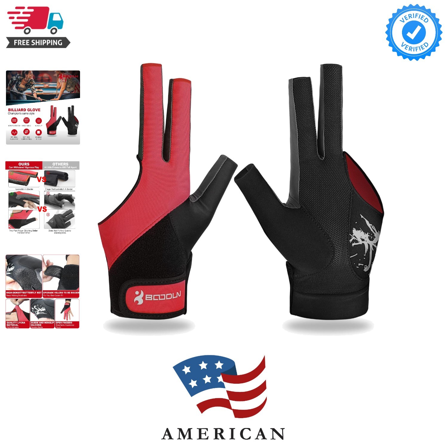 Billiard Pool Gloves for Left Hand 3 Finger, Splicing Process, Snooker Cue Sp...