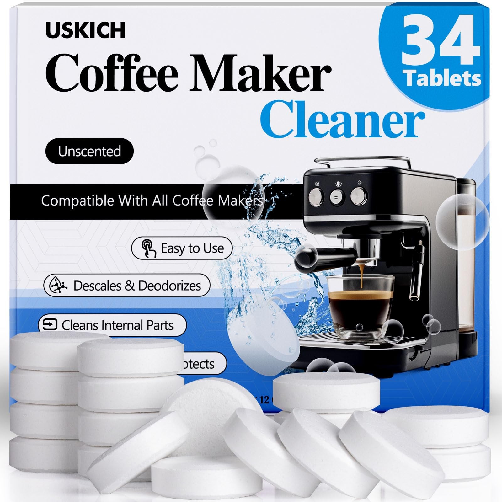 Coffee Machine Cleaner Descaler Tablets 34 Pack, 1 Count (Pack of 34), WHITE