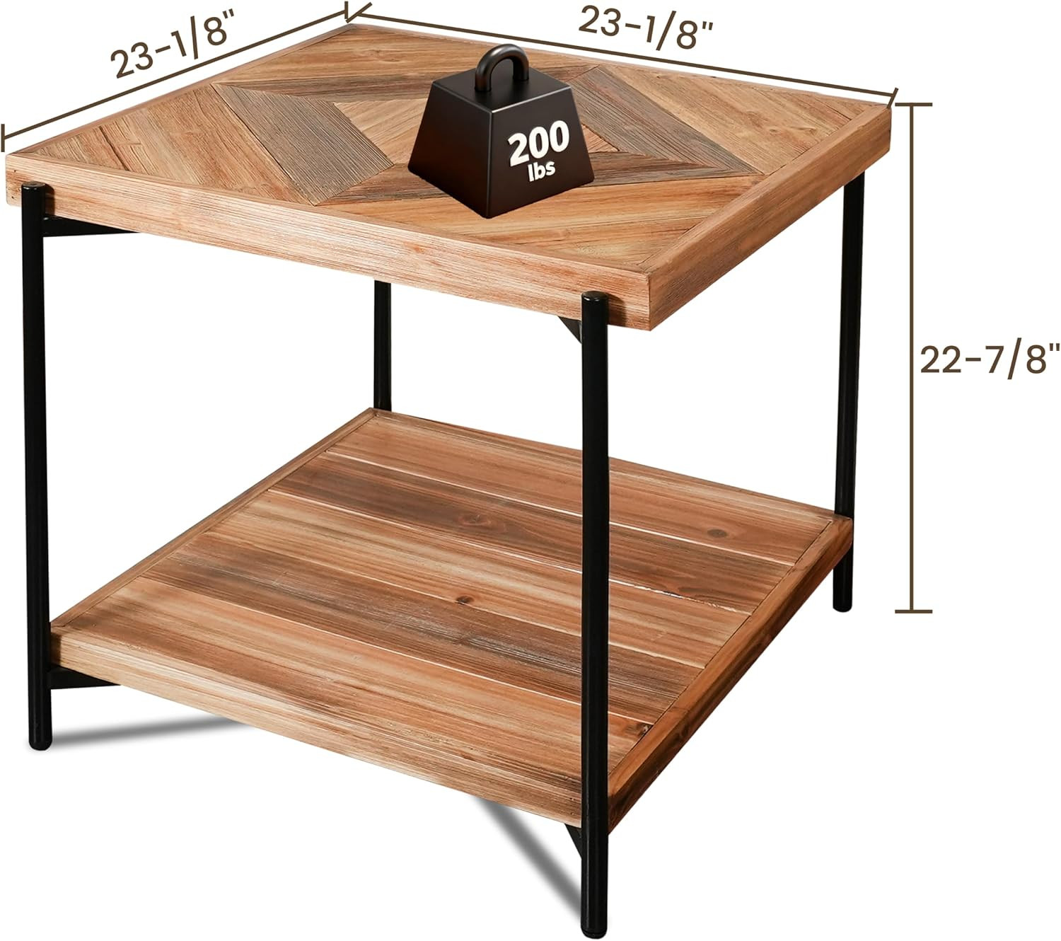 Stonecreek End Table 23 Inch, Solid Fir Wood Side Table with Metal Frame, 2-Tier