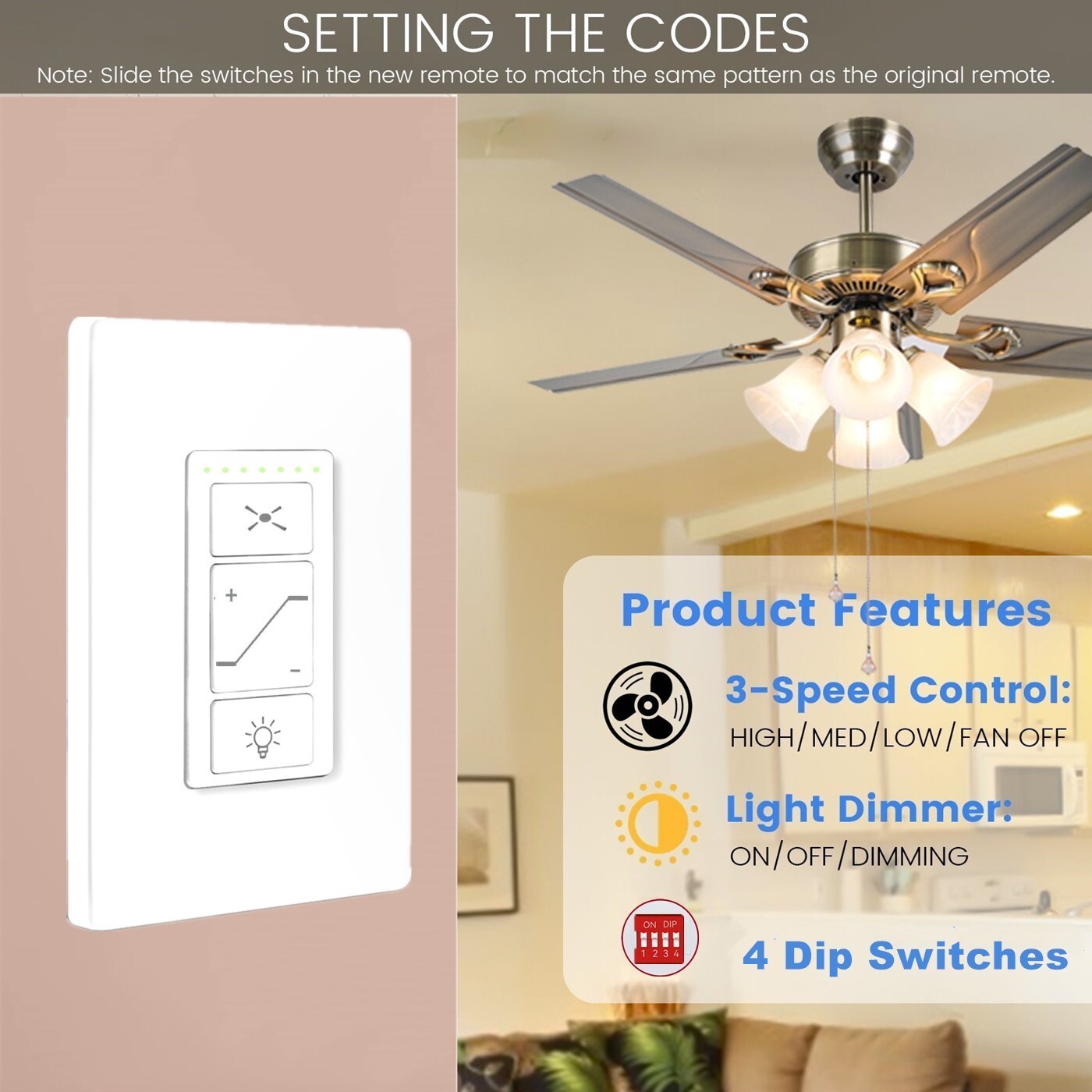 53T Ceiling Fan Wall Remote Control 4DIP Switch for Harbor Breeze Hampton