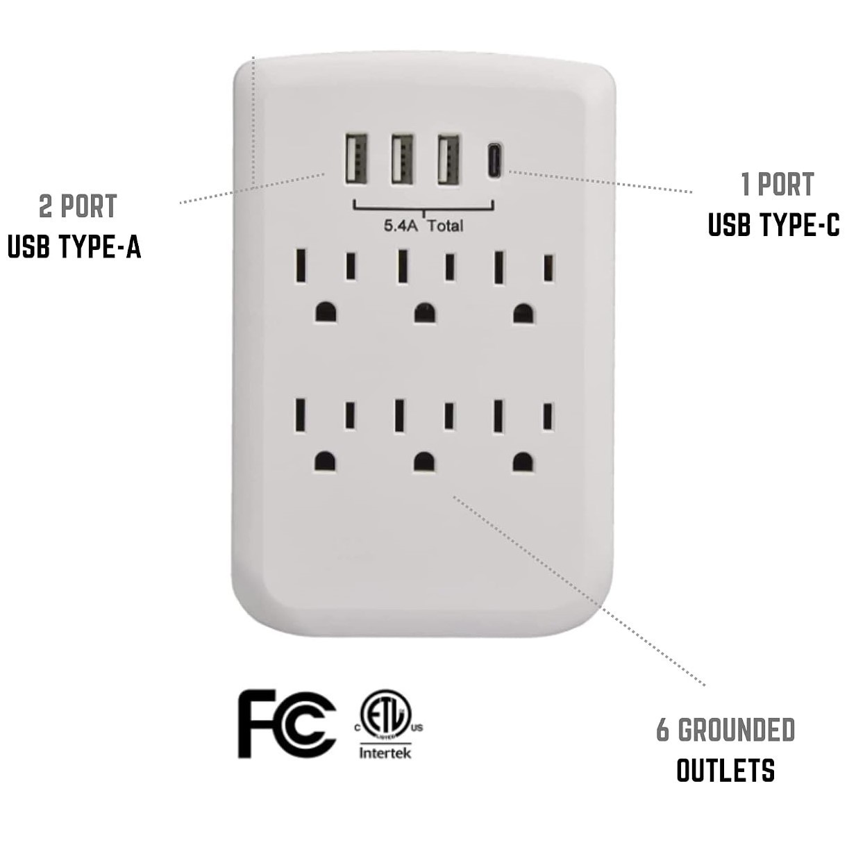 CP 6-outlet Wall-Tap w/ 3-Port USB-A & 1-Port USB-C Chargers, White, CP30007