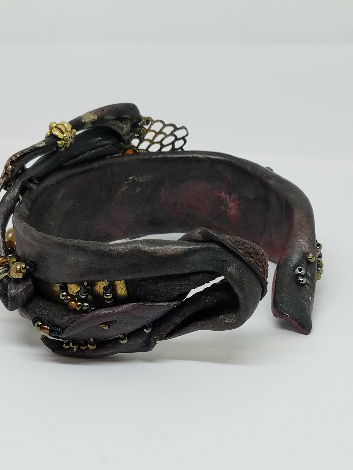 Artisan Modernist Leather Cuff Bracelet Signed