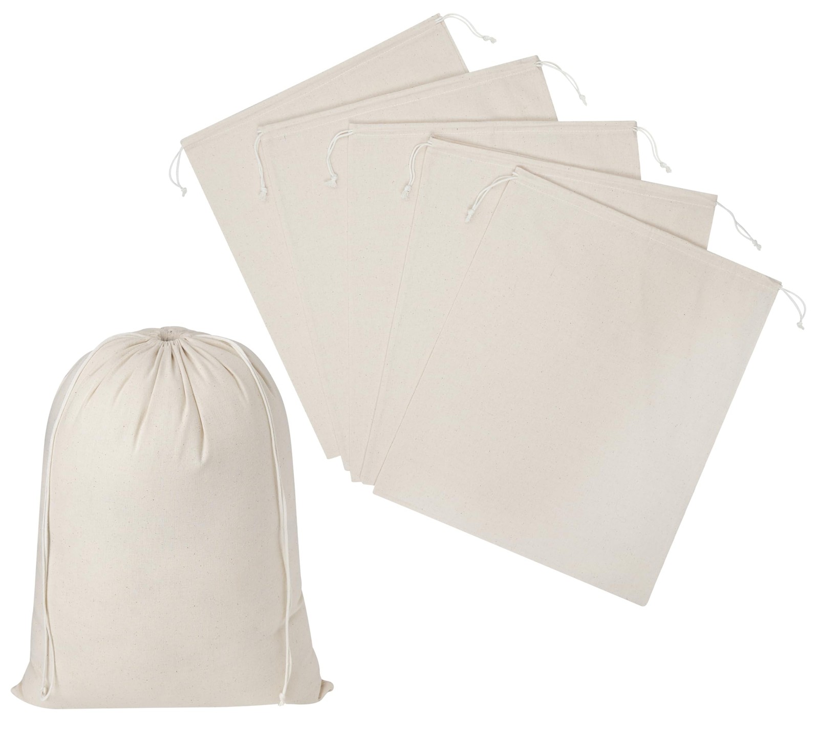 6 Pack 100 Percent Cotton Drawstring Bags 5x7 Inch Natural Beige Reusable Sack