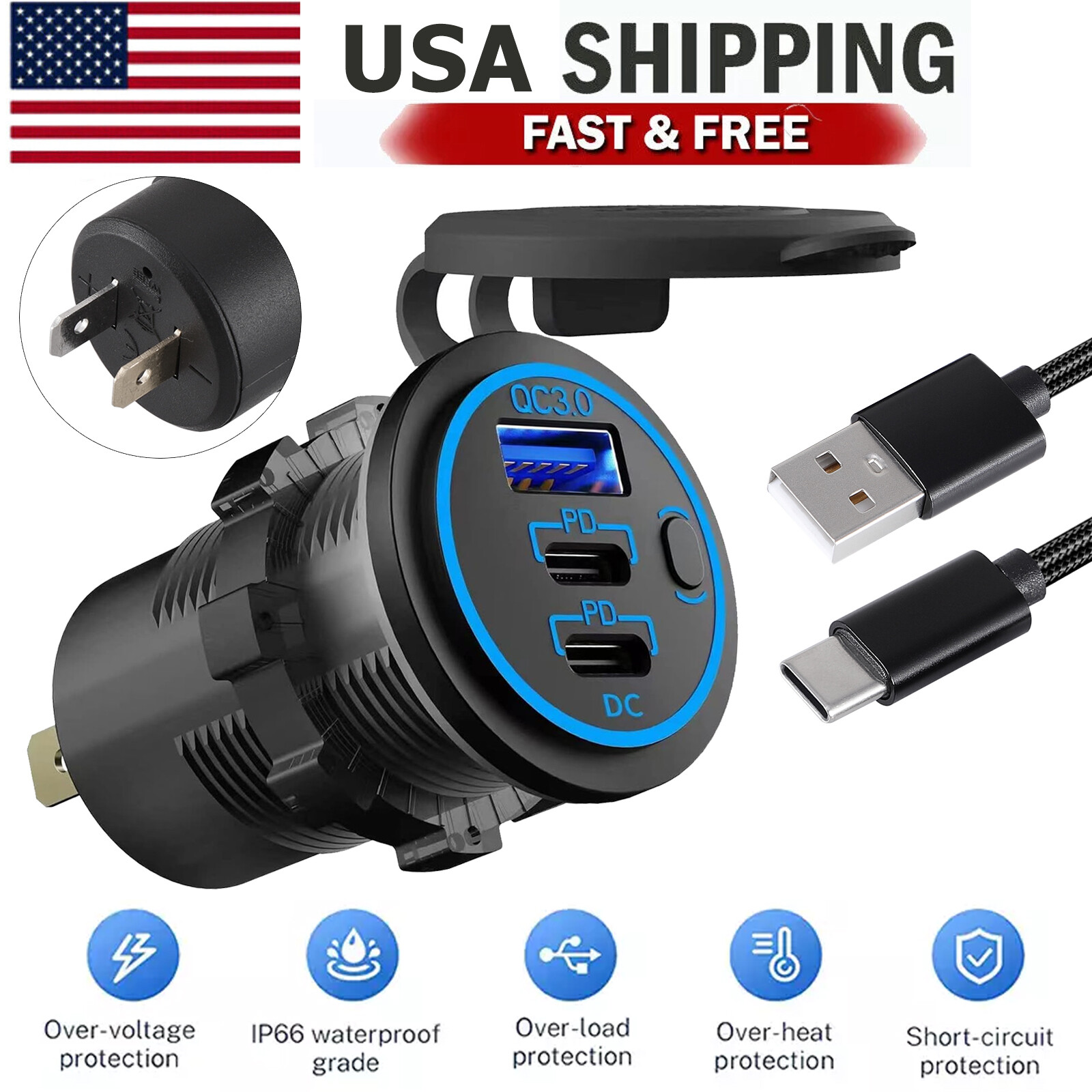 12V-24V QC3.0 + PD USB C Car Fast Charger Power Socket Outlet for Boat RV Marine