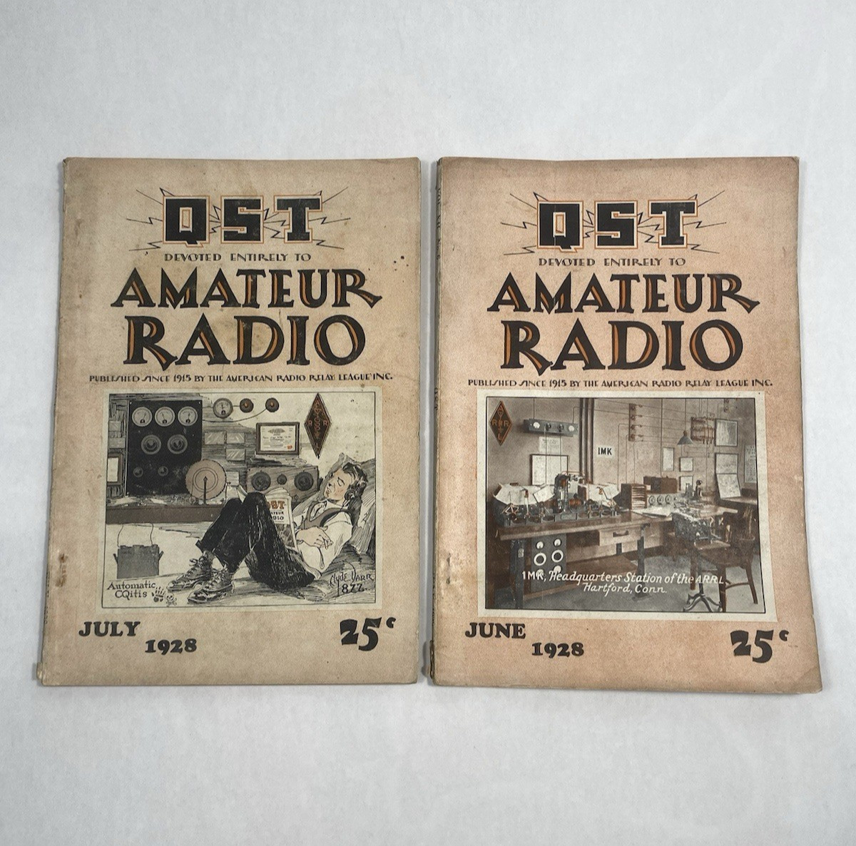 2 Vintage QST Amateur Radio Magazines 1928 June July Booklets Pictures