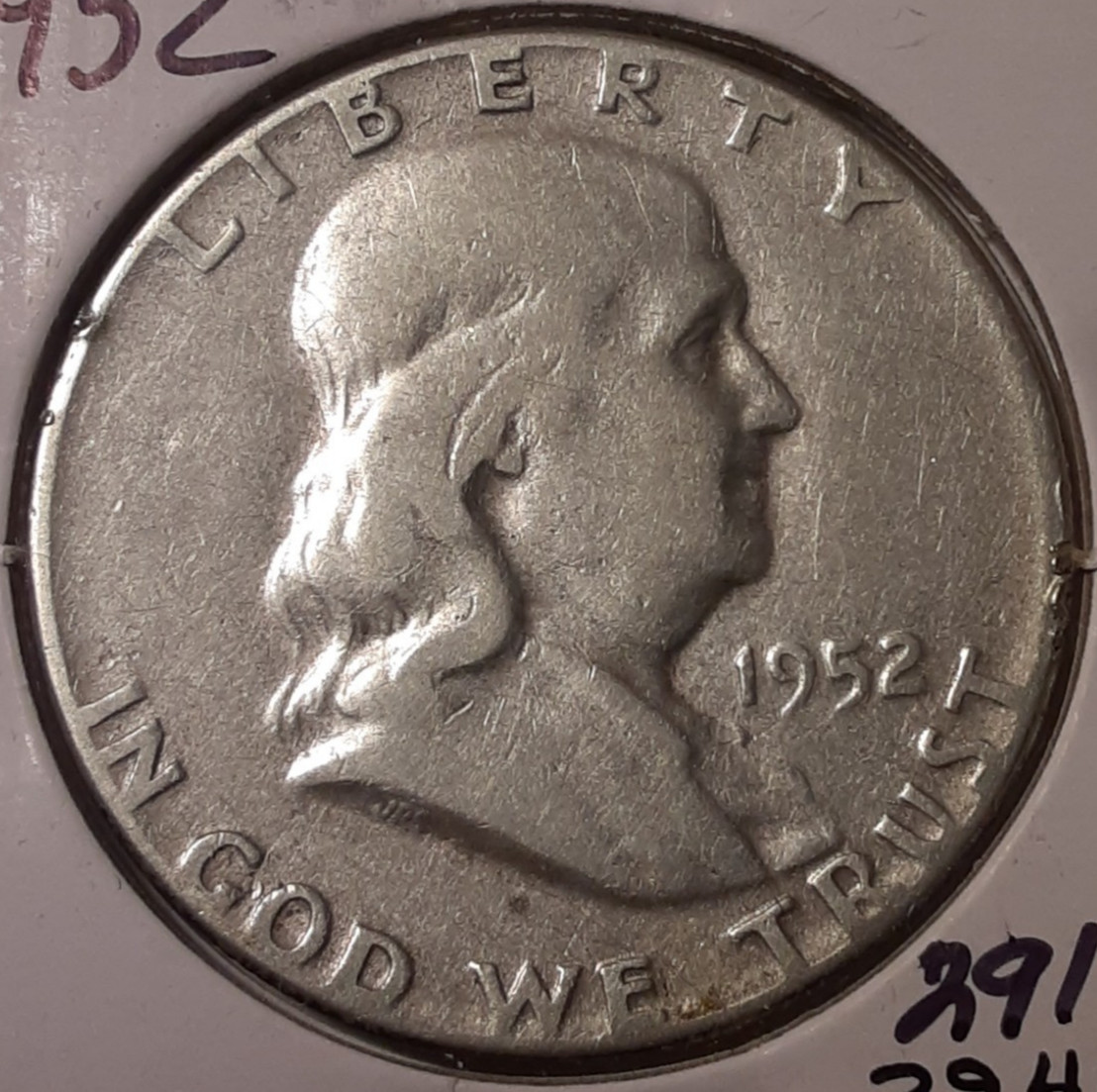 1952 Philadelphia Mint Franklin Half Dollar US 90% silver 50c (#291-3946/2770)