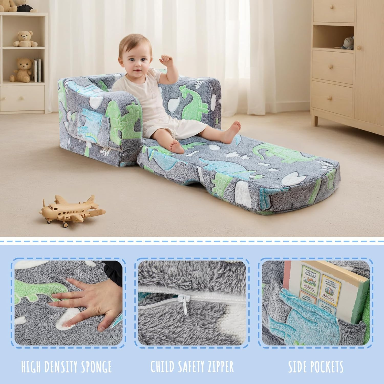 Thick Comfy Toddler Chair and Couch for Kids,2-In-1 Soft Plush Fold Out Sofa for