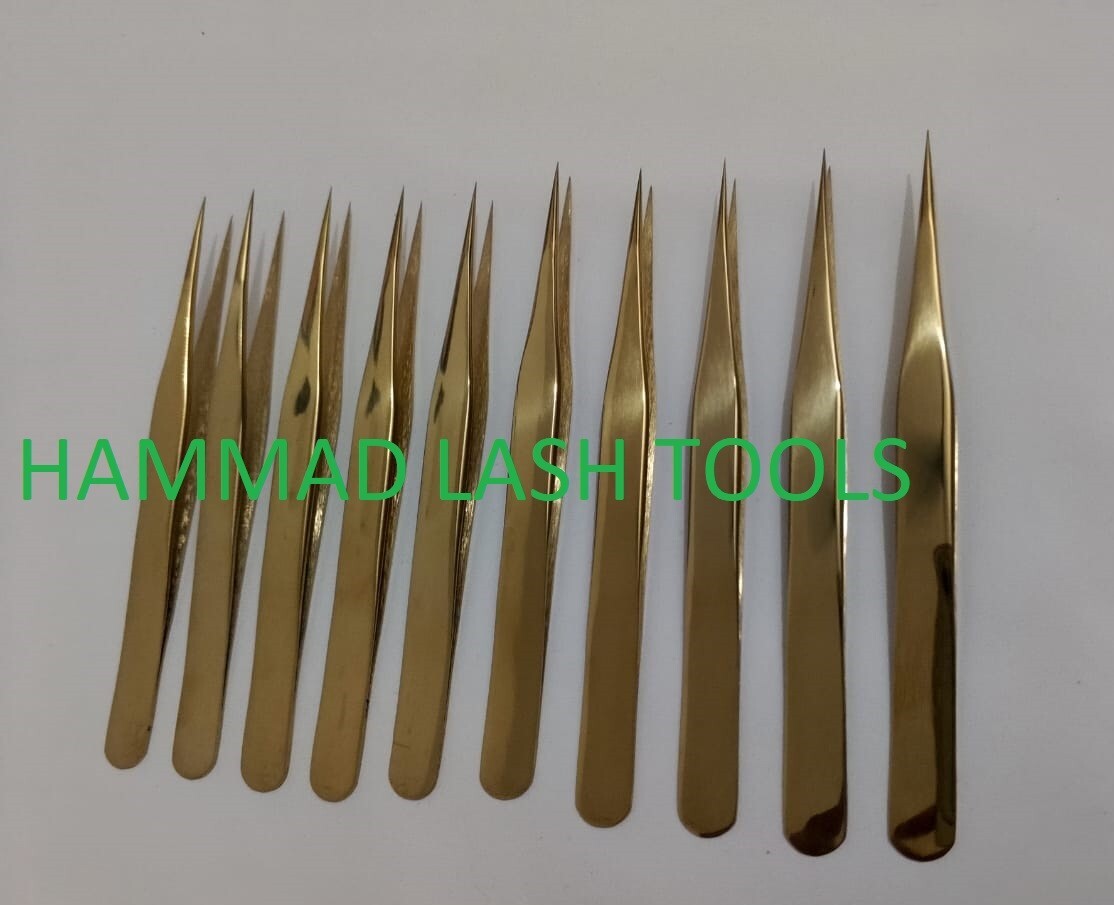 Straight Volume Tweezers Set of 10 Gold Plasma Eyelash Extension Tweezers S.S