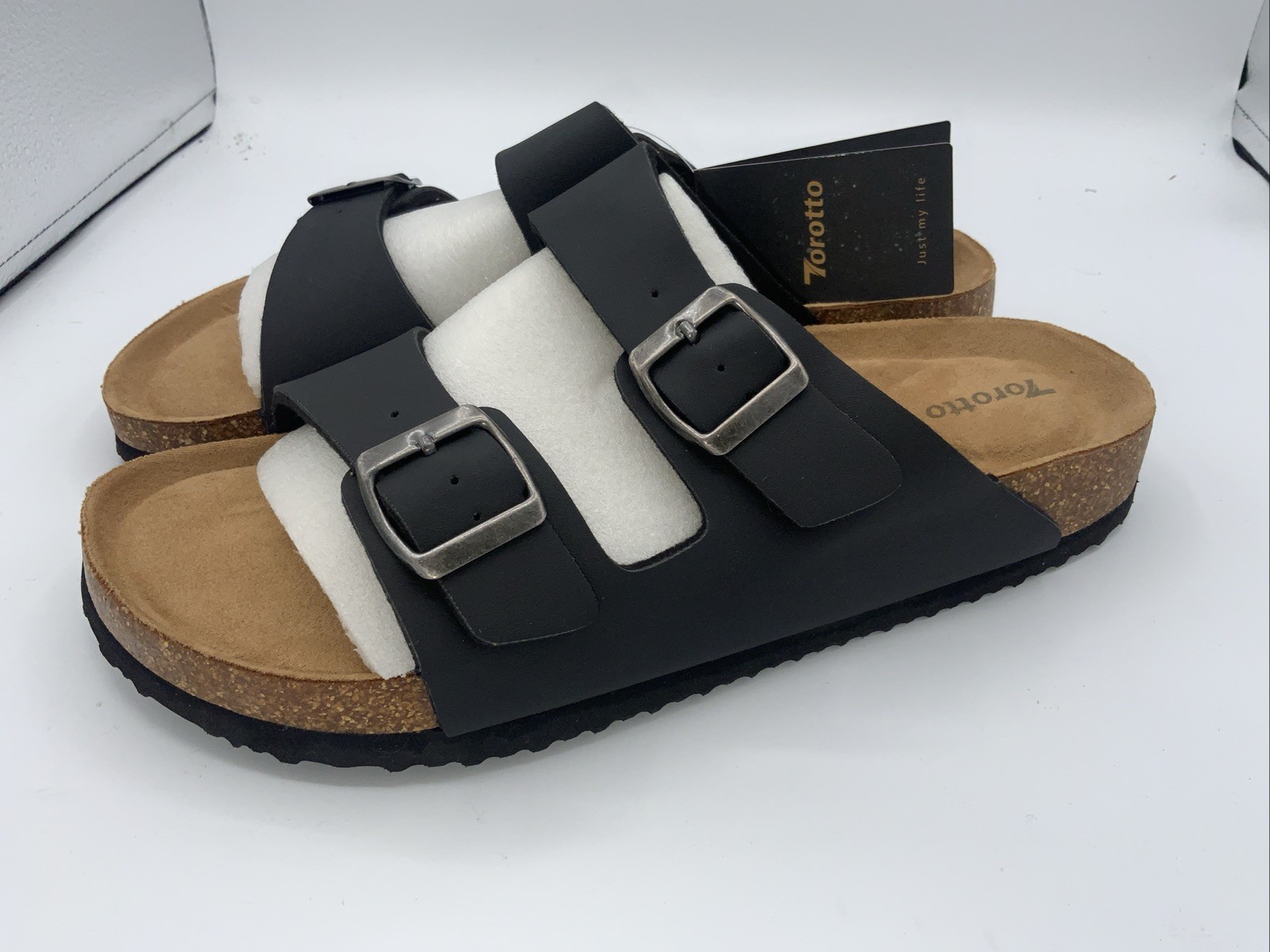 Torotto Mens Slides with Cork Footbed Adjustable Flat Sandals, Black, Size 12