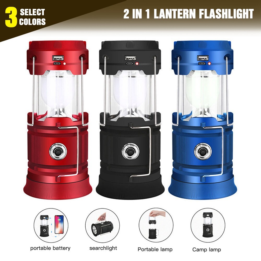 USB Solar Portable LED Flashlight Rechargeable Camping Tent Light Lantern Lamp