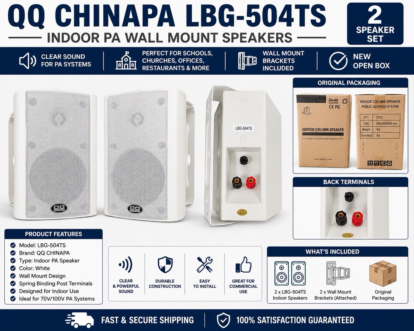 QQ CHINAPA LBG-504TS Indoor PA Wall Mount Speakers 2-Pack New Open Box
