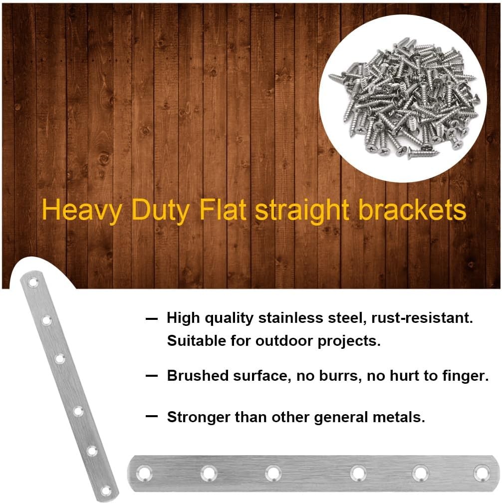 8 Pack Flat Straight Brace Brackets, 8 Inch Stainless 8 PCS-8 inch, Silver