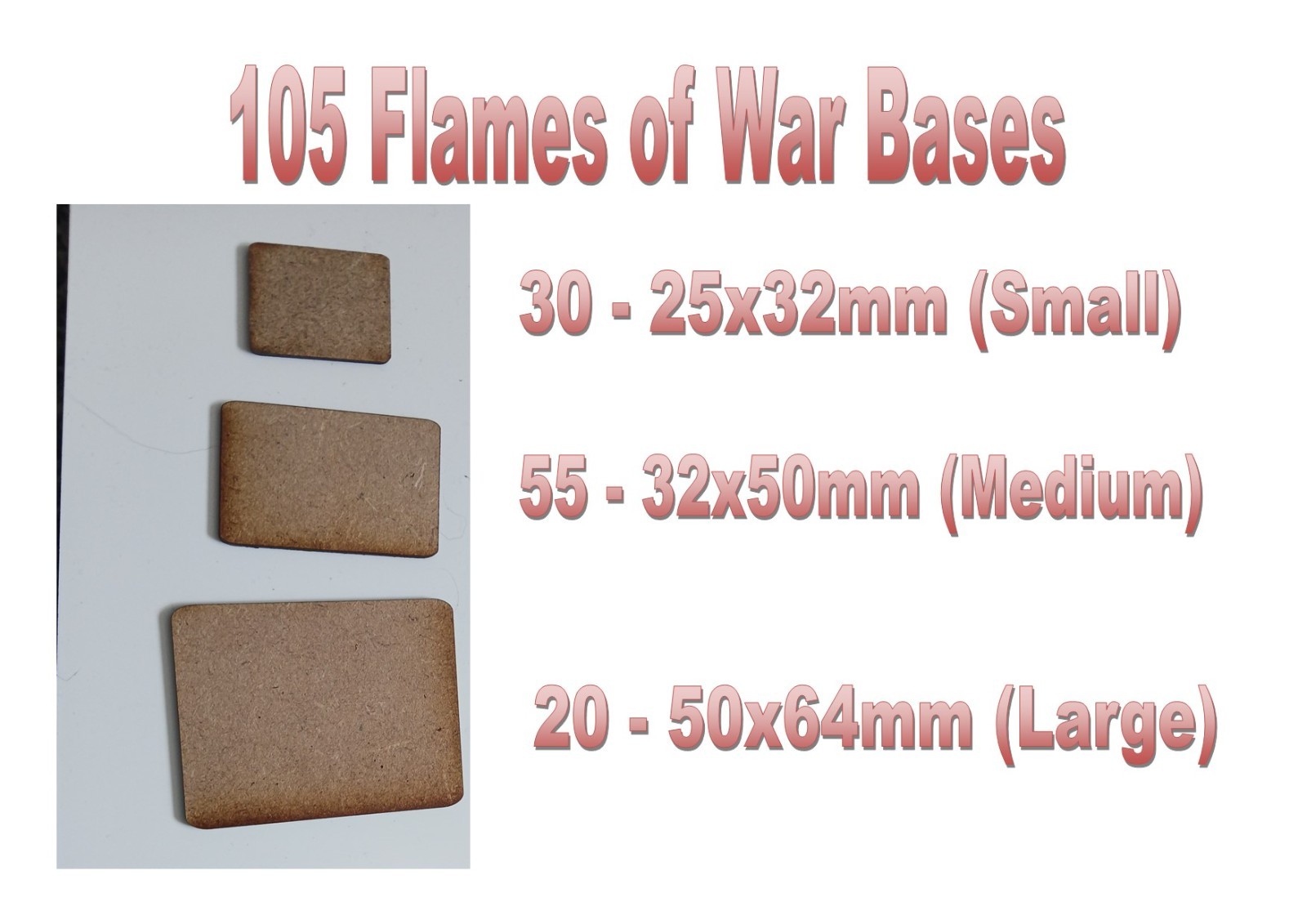 105 Flames of Wars MDF Bases 2mm thick rounded corners 25x32, 32x50 50x64