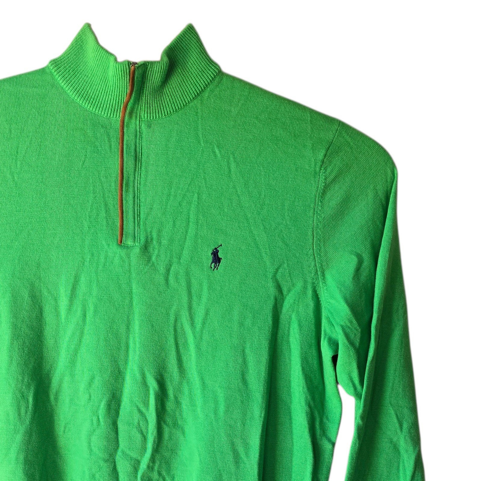 Polo Golf Ralph Lauren Mens Large Green 100% Merino Wool Quarter Zip Sweater