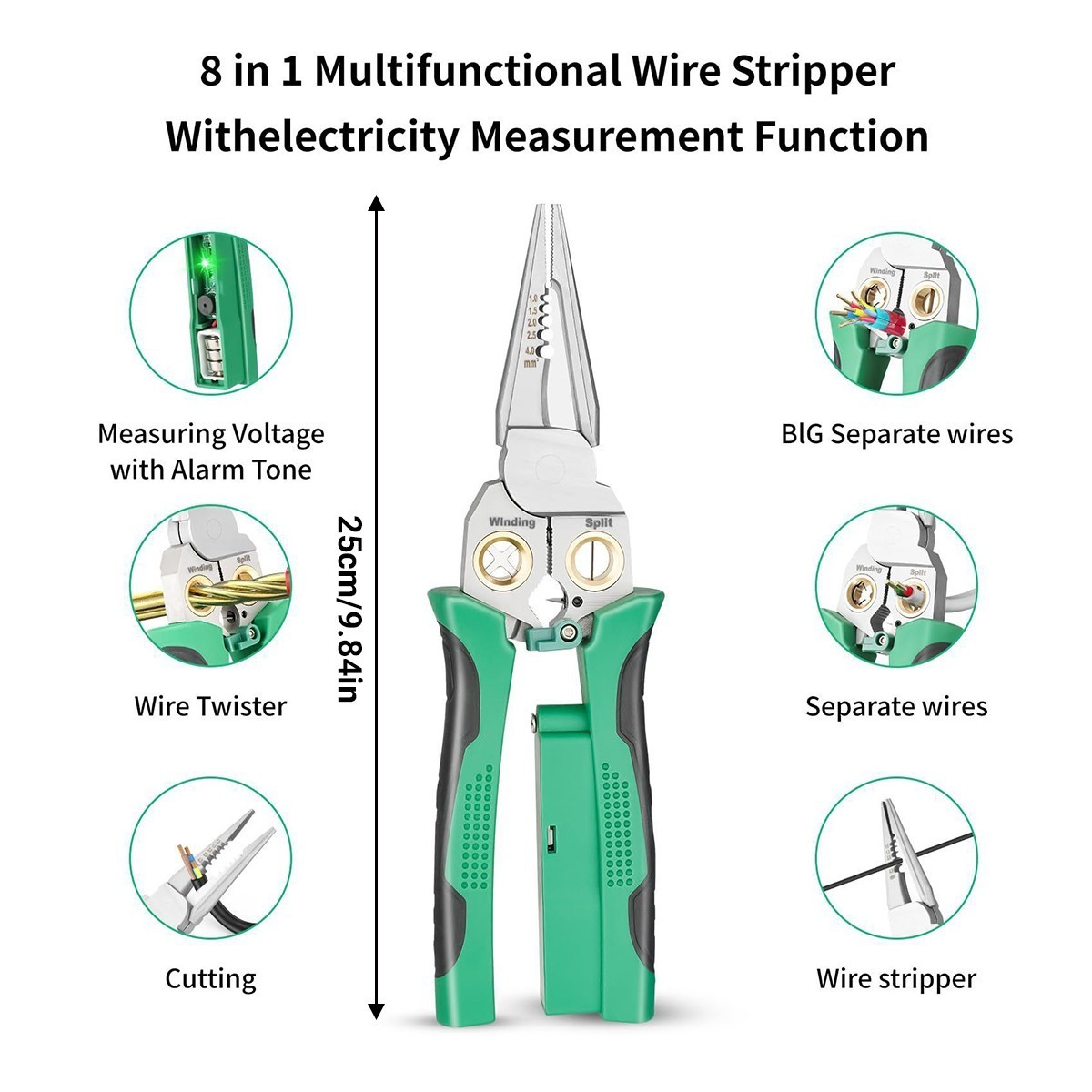 Wire Stripper Twister, Cable Scissors, Voltage Tester Pliers, 8-In-1