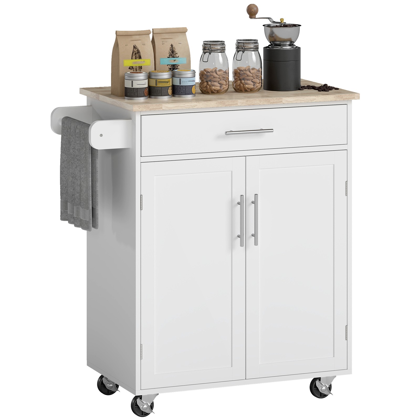 Wooden Indoor Moving Microwave Cart with Interior Cabinet & Towel Rack