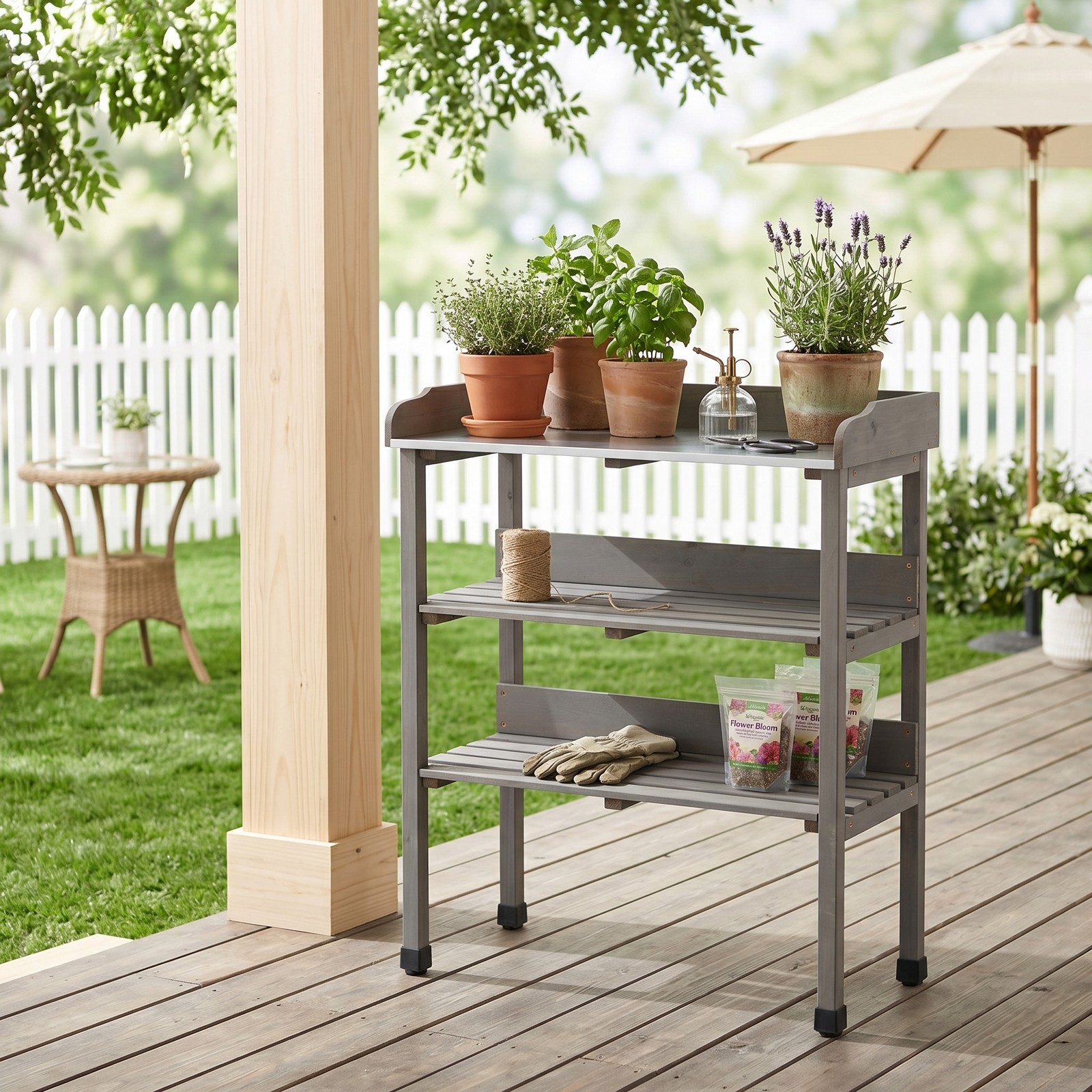 Potting Table with Metal Top, 3-Tier Solid Wood Workbench, 30.5" L