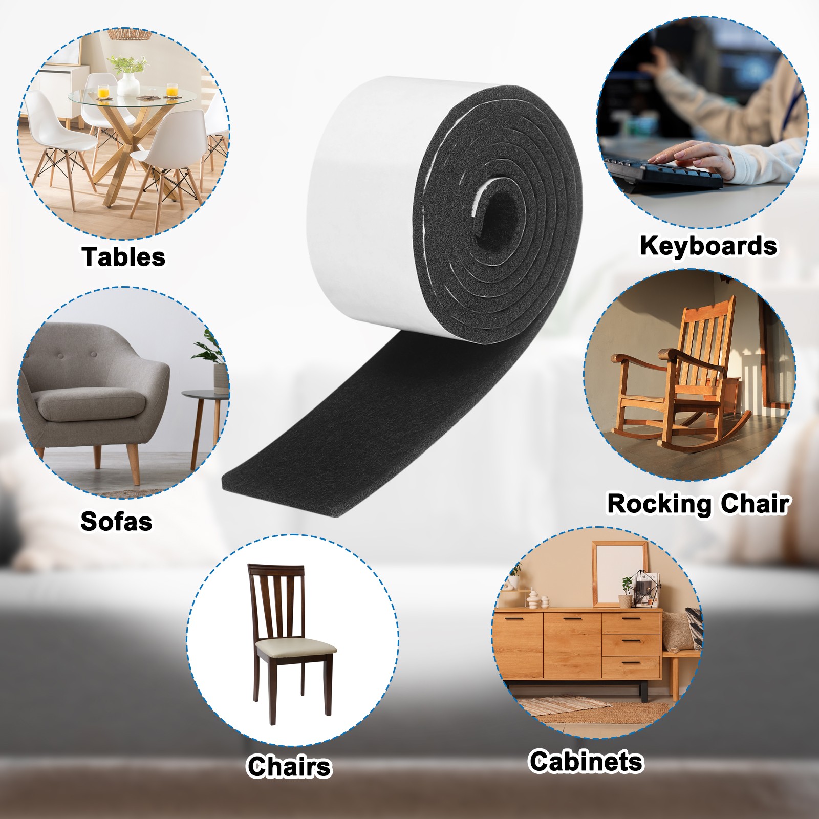 2 Roll Felt Furniture Pads 39"x1.6"x0.12" Non-Slip Floor Protectors Black