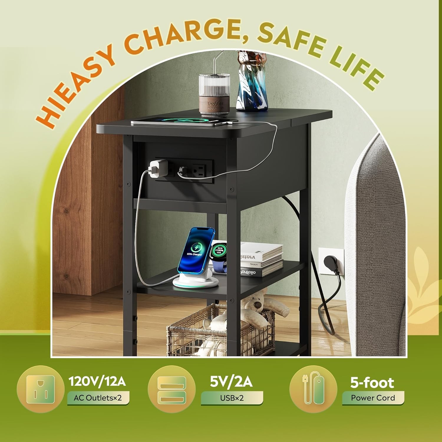 End Table W/ Charging Station Flip Top Narrow Side Table W/ Storage Shelf Small