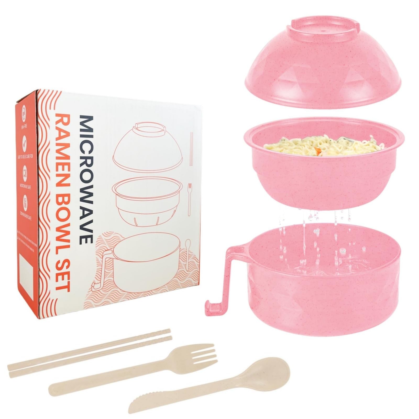 RORBAM Microwave Ramen Cooker,Ramen Bowl With Medium to Large, Pink