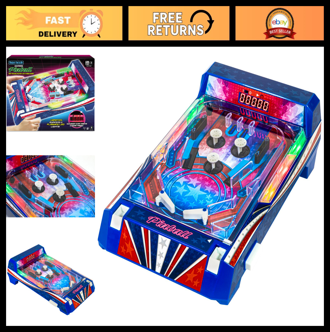 Retro Arcade Pinball Tabletop Game - Vibrating Bumpers, LED Lights, Sound Effect