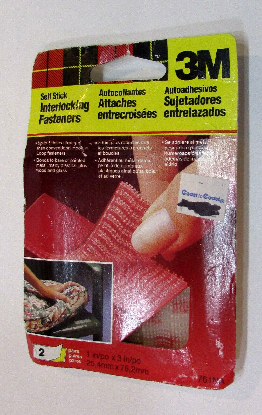 Two 3M New Vintage 1994 Self Stick Interlocking Hook and Loop Fasteners 1x3 Inch